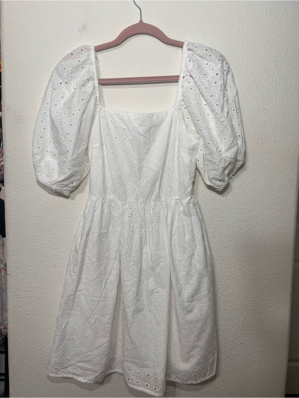 White Eyelet Puff Sleeve Square Neck Dress